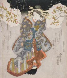Iwai Kumesaburo II som kurtisane, ca. 1830 (farget treblokktrykk)